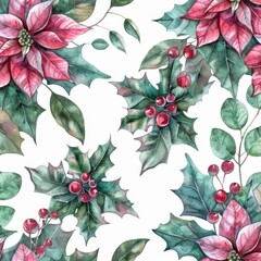 Wall Mural - With fir branches, flowers, and eucalyptus, watercolor modern Christmas seamless pattern.