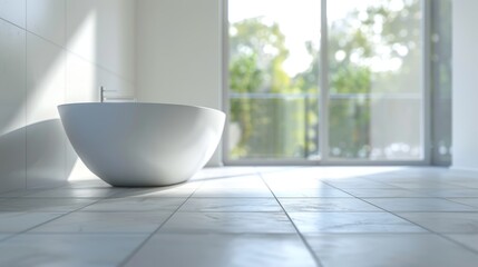 Poster - In perspective, modern interior design of a bathroom or shower room with a white tile floor with texture and pattern. The background is empty, bright, shiny and clean for product presentation.