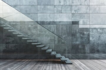 Poster - Building hallway with glass doors and wooden flooring. 3D rendering of modern architecture.