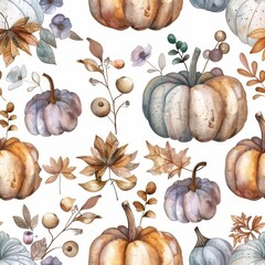 Wall Mural - With colorful pumpkins and leaves, this seamless watercolor pattern is modern and stylish.