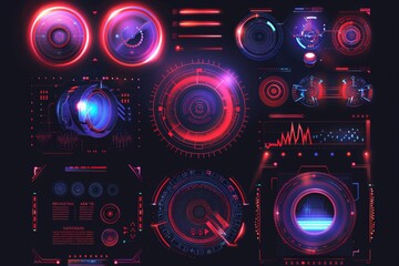 Poster - The futuristic user interface graphic design set contains hi-tech elements such as HUDs, UIs and GUIs. Cyberpunk digital elements included charts, frames, buttons, bars UI, callouts, arrows.