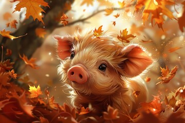 Wall Mural - A pink pig walking in the orange autumn grass in the forest with sunlight illustration, Closeup of pink baby piglets with white and clean body in blur background