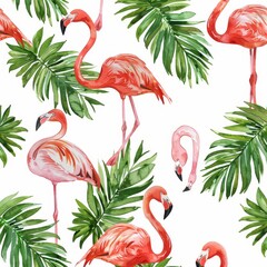 Sticker - An isolated white background with watercolor flamingos and palm trees.