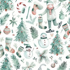 Wall Mural - Featuring vintage Christmas tree toys and fir twigs in watercolor.
