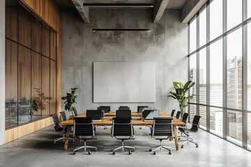 Poster - Interior of a contemporary boardroom with a panoramic window and city view, furniture, and equipment in 3D.