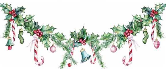 Canvas Print - Banner with bells, red bow, lollipop, and fir branches painted in watercolor.
