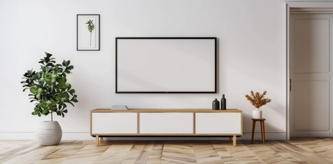 Poster - The decoration template shows an empty interior room with a large television or television flat screen monitor on white walls, a wooden floor, and a large window, with some copy space.