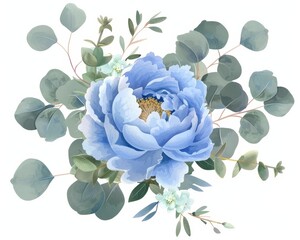 Wall Mural - With dusty blue flowers and branches, this watercolor bouquet is modern and trendy.