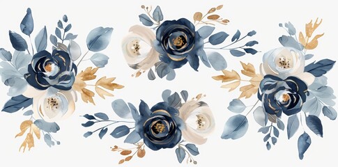 Wall Mural - Set of dusty blue and pink watercolor flowers. For wedding stationery, invitations, postcards, decorations, or fashion.