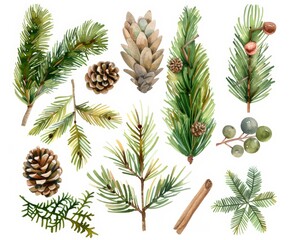 Wall Mural - A watercolor illustration of a modern set of green bouquets, ornamented with Christmas balls, fir branches, red berries. This illustration could be used for greeting cards, invitations.