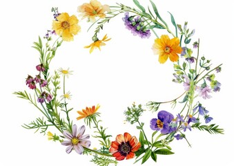 Wall Mural - An illustration of a watercolor modern flower wreath. Wild field herbs flowers. Ideal for wedding invitations, cards, and wedding favors. Hand drawn illustrations.