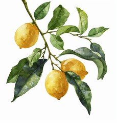Wall Mural - Watercolor painting of a lemon fruit with a branch and green leaves. Strong floral illustration for design, album, or print.