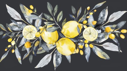 Poster - Hand painted watercolor illustration of a modern bouquet with lemons, olives, and green foliage. Yellow tropical fruits in a bouquet. Designed for cooking magazines, decor, invitations.