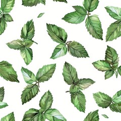Wall Mural - Hand drawn herb mint watercolor seamless pattern.