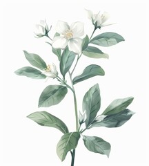 Isolated white background watercolor wreath with jasmine and mint.