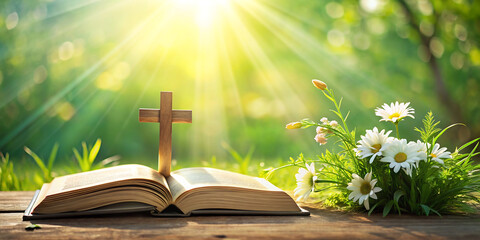 cross on an open bible with a bright background light