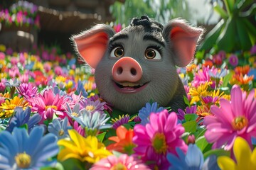 Wall Mural - A black pig walking in the colorful flower and grass in the forest with sunlight illustration, Closeup of black baby piglets with white and clean body in blur background