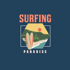 Wall Mural - Surfing Paradise vintage summer surf board poster design graphic tee