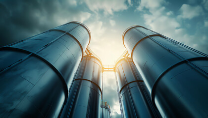 Industrial silos under a dramatic sky with the sun peeking through, highlighting the metallic structures. Concept of storage and industry.