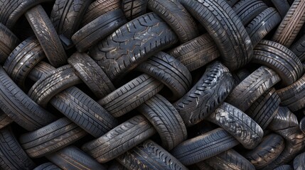 A large pile of old, worn tires stacked together