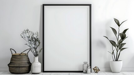 Capture the elegance of a black poster frame displayed against a cozy white interior background, accented with tasteful decoration accessories that add warmth and sophistication to the space