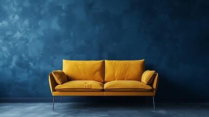 Wall Mural - essence of modern interior design with a living room showcasing a bold yellow sofa on an empty dark blue wall background, emphasizing the dynamic interplay of colors and minimalist aesthetics