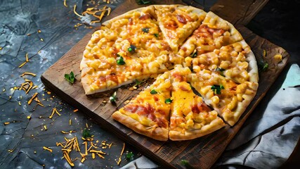 Wall Mural - Cheesy mac and cheese pizza on wooden board