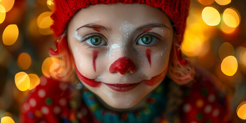 Wall Mural - Close-up of a child with clown makeup, set against a colorful, bokeh background, creating a joyful and festive atmosphere