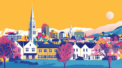 Sticker - Risograph riso print travel poster, card, wallpaper or banner illustration, modern, isolated, clear and simple of Christchurch, New Zealand. Artistic, screen printing, stencil digital duplication