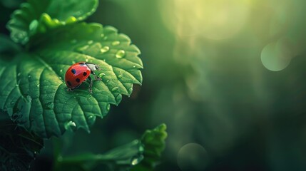 Poster - Ladybug on green leaf in nature