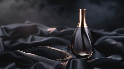 Exquisite luxury cosmetic bottle adorned with satin elements, gleaming against a dark background in an alluring ad