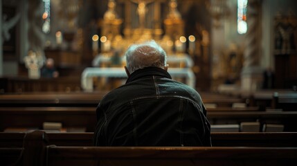 Wall Mural - Elderly man praying in church, sitting on wooden pews.