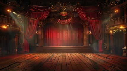 Wall Mural - Vintage theater stage with red curtains and spotlight.