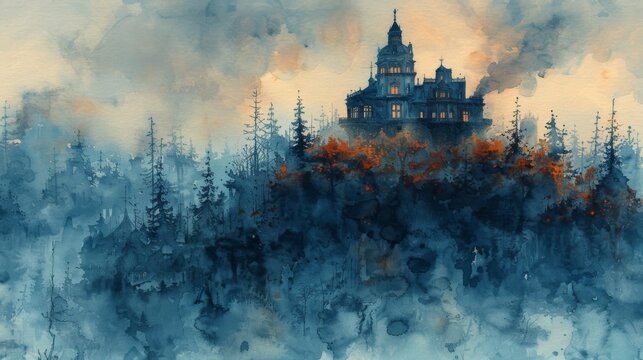 Watercolor painting of a haunted mansion on a hill, copy space banner, vintage background 