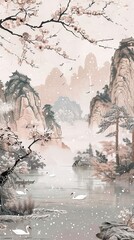 Wall Mural - Serene Blossoming Mountainscape A Sumi e Ink Painting of Young Trees and Sakura with Happiness Hieroglyph. Wall art. AI generated illustration