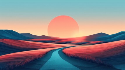 Wall Mural - Minimalist pathway illustration with a winding road leading through a simple, open landscape, emphasizing journey and exploration.