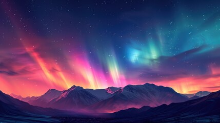 Wall Mural - A serene aurora borealis scene with minimalist mountains silhouetted against vibrant northern lights.