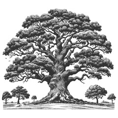 Wall Mural - Oak ancient, sprawling tree with a vast network of roots and a lush canopy sketch engraving generative ai fictional character vector illustration. Scratch board imitation. Black and white image.