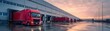 © Sunshine - Red trucks at a modern logistics center's loading docks during sunset, with reflective wet pavement and a dramatic sky.
