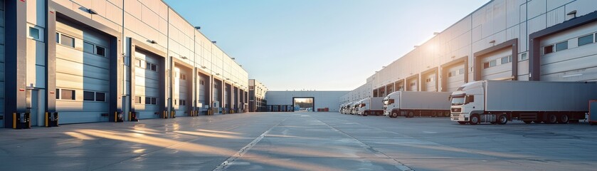 a panoramic view of a modern industrial warehouse with multiple loading docks and trucks parked, cap