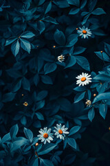 Poster - Dark blue leaves and small white daisies, close up, dark background, low saturation, dark tones, in the style of retro, film texture, vintage filter, dreamy atmosphere.