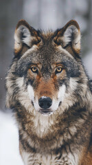 Wall Mural - A beautiful, wolf with a brown and black coat stands in the snow