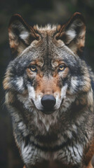 Wall Mural - A calm wolf with a brown and black fur is staring at the camera
