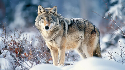 Wall Mural - A wolf is standing in the snow, looking at the camera, resting