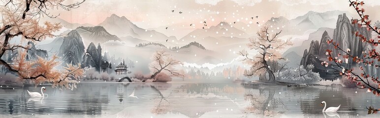 Wall Mural - Serene Blossoming Mountainscape A Sumi e Ink Painting of Young Trees and Sakura with Happiness Hieroglyph. Wall art. AI generated illustration