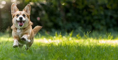 happy corgi dog running in the grass in summer with copy space
