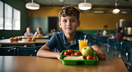 Wall Mural - Student with a healthy lunch in the school canteen.