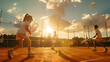 © linda_vostrovska - Group of children playing tennis on the beach with sea and sun shining in the background.