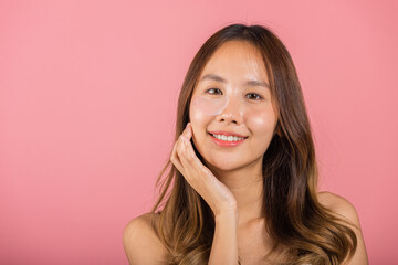 eye skin treatment. asian beautiful young woman smiling mask cosmetic patches gel under the eyes, po