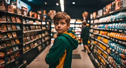 Wall Mural - Boy in a video game store.